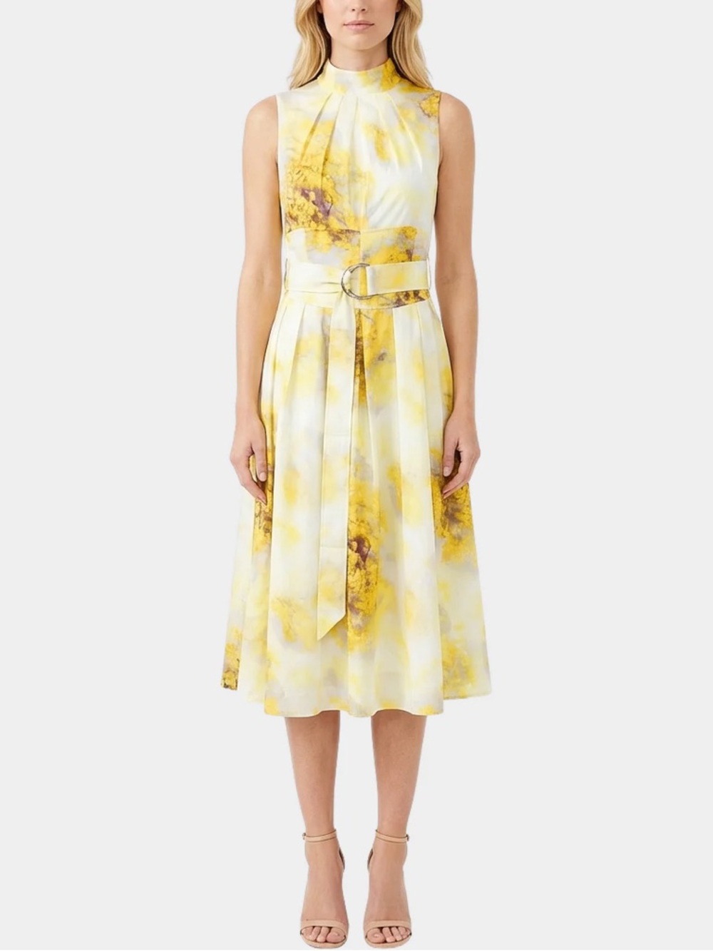Sleeveless Yellow Watercolor Midi Dress with Tie Waist